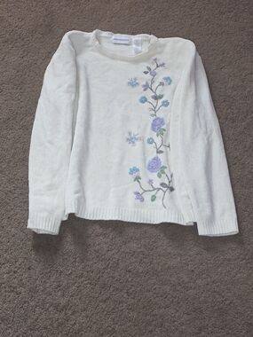 Alfred Dunner Cream Crewneck Sweater with Pastel Floral Embroidery